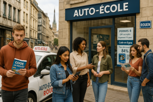 auto-école moderne à Rouen, avec une scène illustrant la diversité des formations proposées (traditionnelle et en ligne), les profils d’apprenants, et l’atmosphère pédagogique d’une ville dynamique.