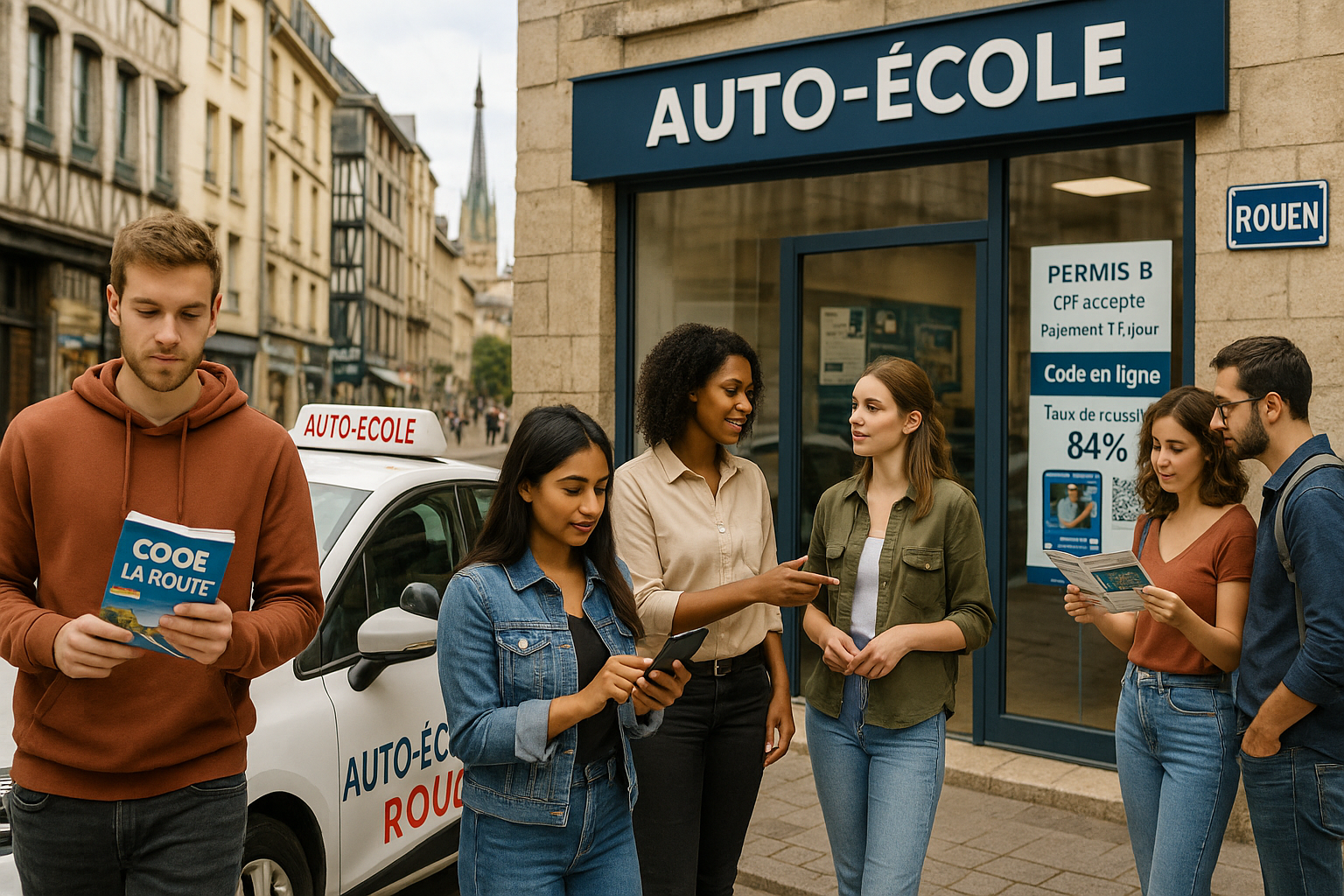 auto-école moderne à Rouen, avec une scène illustrant la diversité des formations proposées (traditionnelle et en ligne), les profils d’apprenants, et l’atmosphère pédagogique d’une ville dynamique.