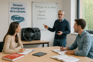 Apprenants adultes assistant à une formation de moniteur d'auto-école en salle, attentifs à un formateur certifié