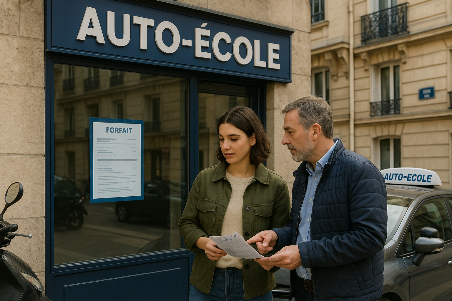 Deux personnes discutent devant une auto-école située à Paris, tenant un document explicatif sur les forfaits de formation au permis de conduire.