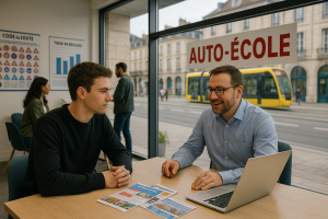 Un jeune adulte discute avec un conseiller pédagogique dans une auto-école moderne située à Besançon. À travers les grandes baies vitrées, on aperçoit un tramway jaune et les façades typiques de la ville. Des brochures et un ordinateur sont posés sur la table, illustrant un moment de conseil personnalisé. En arrière-plan, d’autres élèves consultent des informations, dans une ambiance studieuse et accueillante.