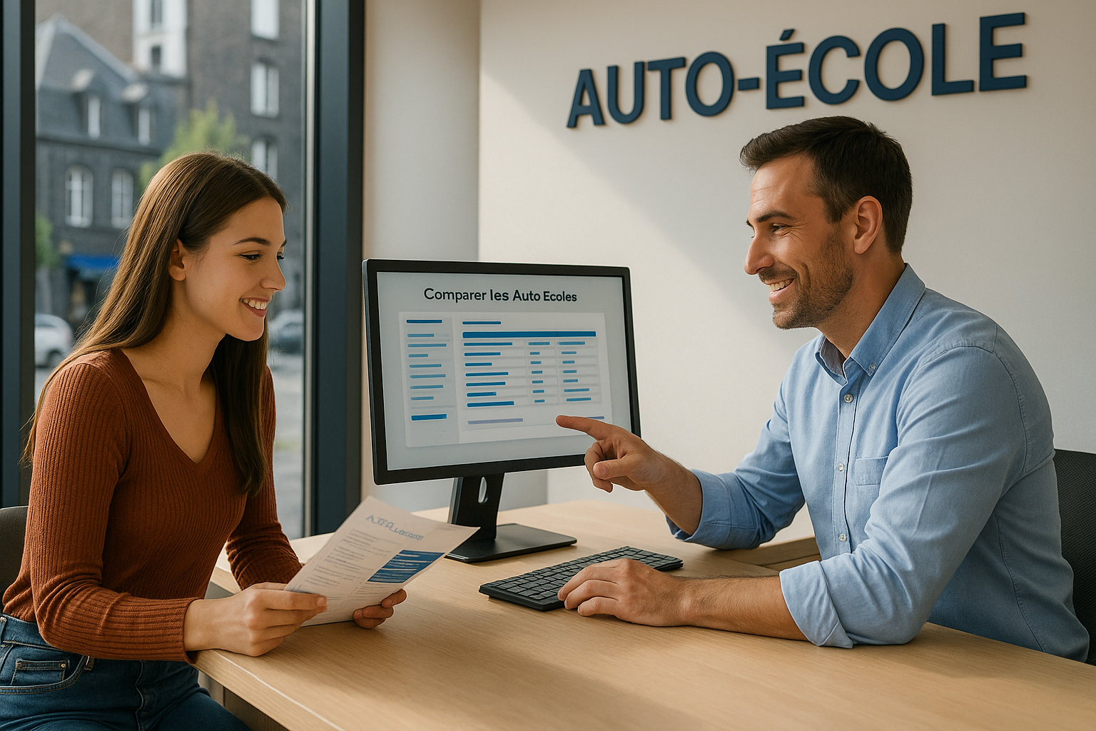 Une jeune femme discute avec un conseiller dans la salle d’accueil moderne d’une auto-école à Clermont-Ferrand. Elle tient une brochure pendant que le conseiller, souriant, lui montre un écran affichant une comparaison d’auto-écoles. À travers la baie vitrée, on distingue l’architecture typique de la ville en pierre sombre. L’ambiance est chaleureuse et professionnelle.