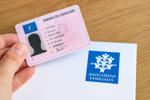 Carte de permis de conduire français tenue à la main, posée sur une enveloppe des Allocations familiales, illustrant les aides disponibles pour financer le permis.