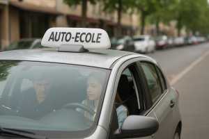 Jeune élève au volant d'une voiture d'auto-école, accompagnée de son moniteur sur une route urbaine.