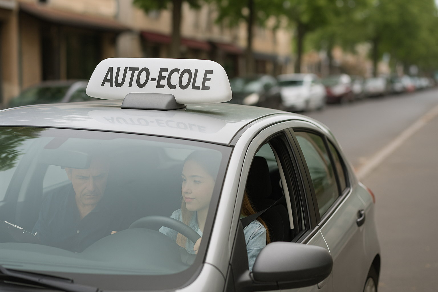 Jeune élève au volant d'une voiture d'auto-école, accompagnée de son moniteur sur une route urbaine.
