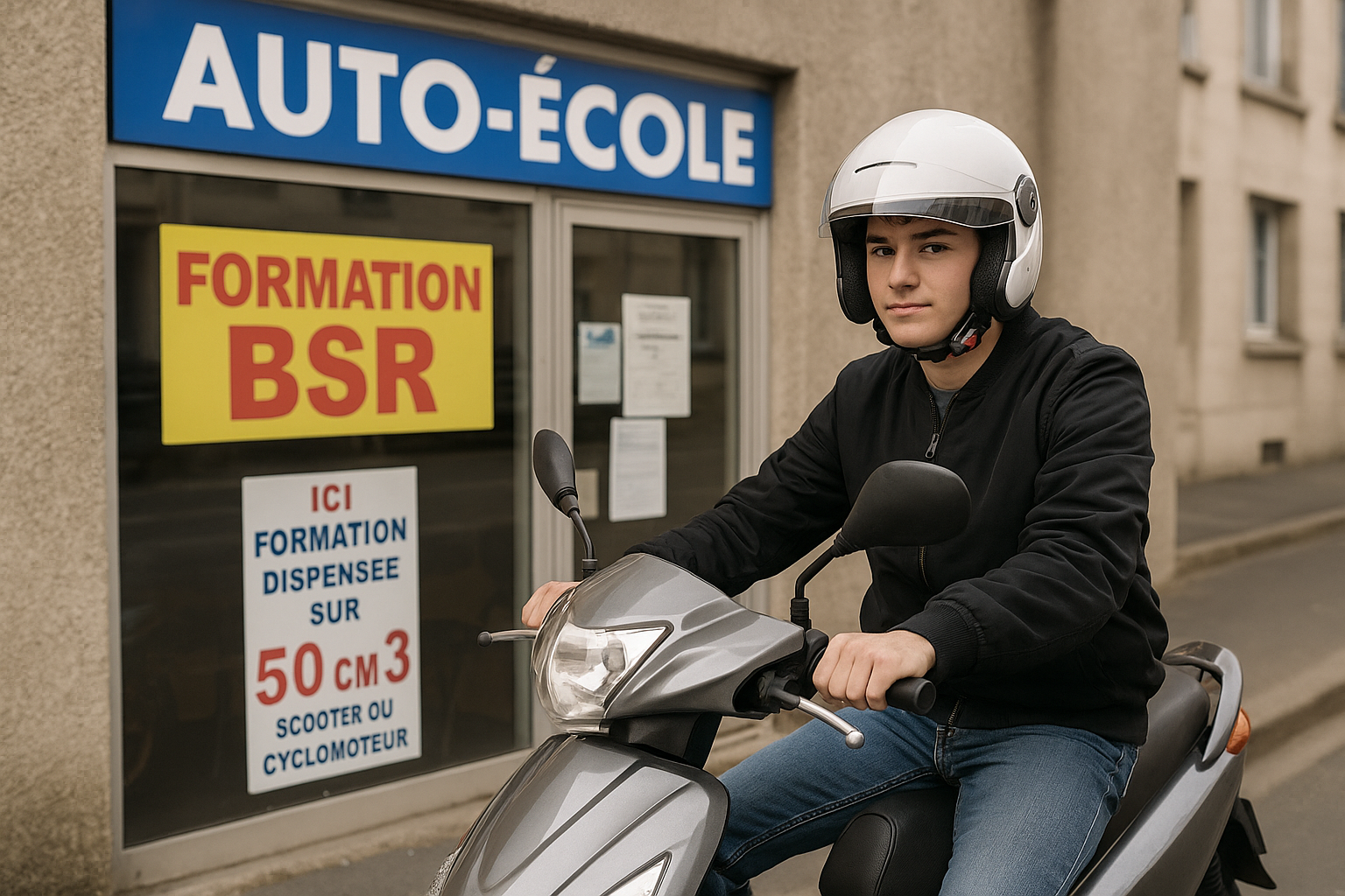 Adolescent en casque et blouson noir assis sur un scooter, devant une auto-école proposant la formation BSR pour cyclomoteurs 50 cm³.