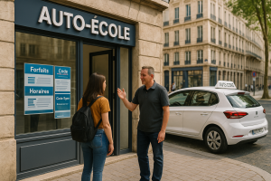 Jeune femme consultant la vitrine d’une auto-école dans une rue typique de Lyon, accueillie par un moniteur, avec une voiture d’apprentissage stationnée à proximité.