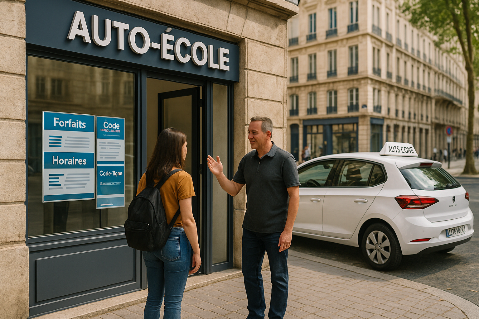 Jeune femme consultant la vitrine d’une auto-école dans une rue typique de Lyon, accueillie par un moniteur, avec une voiture d’apprentissage stationnée à proximité.