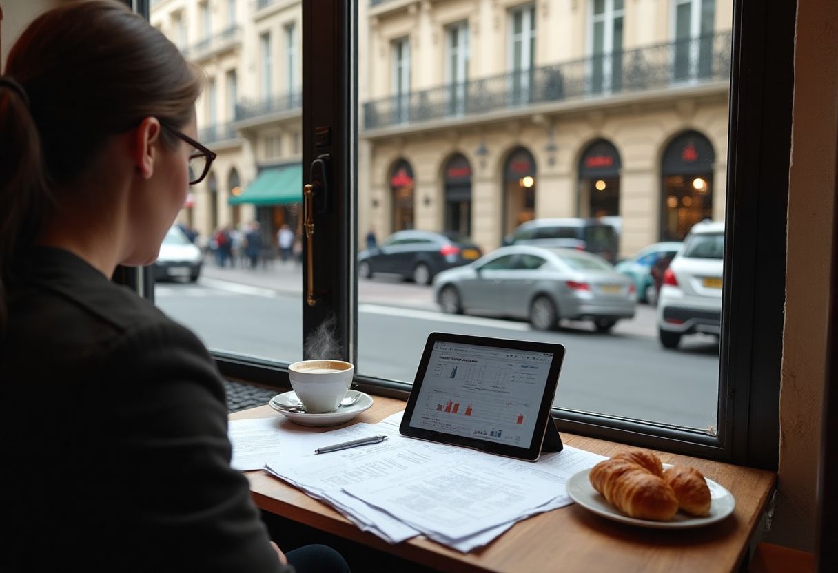 ne femme consulte des statistiques sur une tablette dans un café parisien, avec des voitures passant dans la rue en arrière-plan. Sur la table : un café, des croissants, et des documents papier.