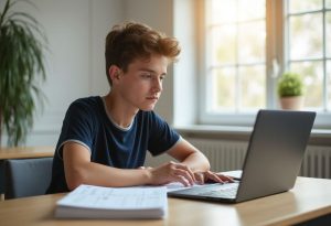 Un adolescent concentré à trouver une lieu pour passer son code de la route sur son ordinateur portable, installé à un bureau avec des cahiers ouverts, dans une pièce lumineuse.