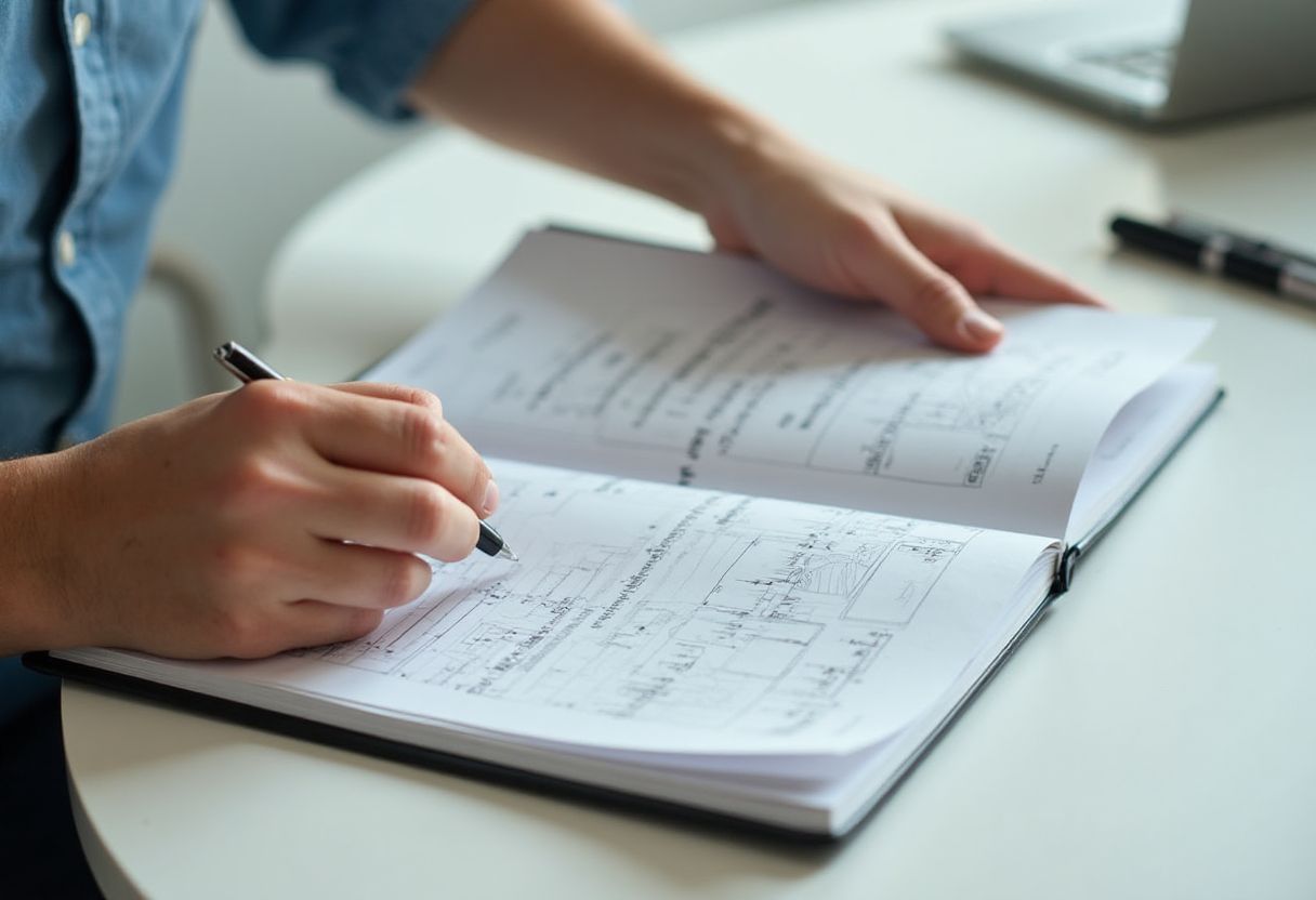 Une personne prend des notes dans un cahier d'exercices du Code de la Route, assise à une table blanche avec un stylo à la main.