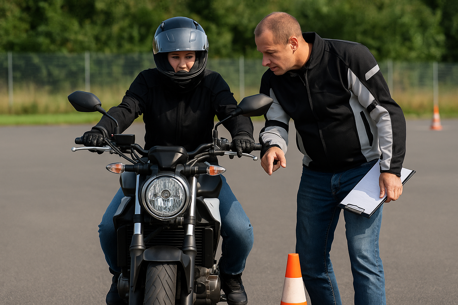 Élève motarde recevant les consignes de son moniteur lors d’un exercice de maniabilité sur un plateau d’auto-école moto.
