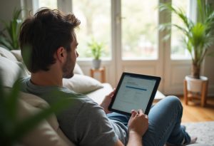 Jeune homme consultant Ornikar, auto-école en ligne, sur tablette depuis son salon