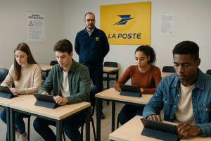 Salle d’examen La Poste avec quatre jeunes candidats passant le code de la route sur tablette, sous la surveillance d’un agent en uniforme.