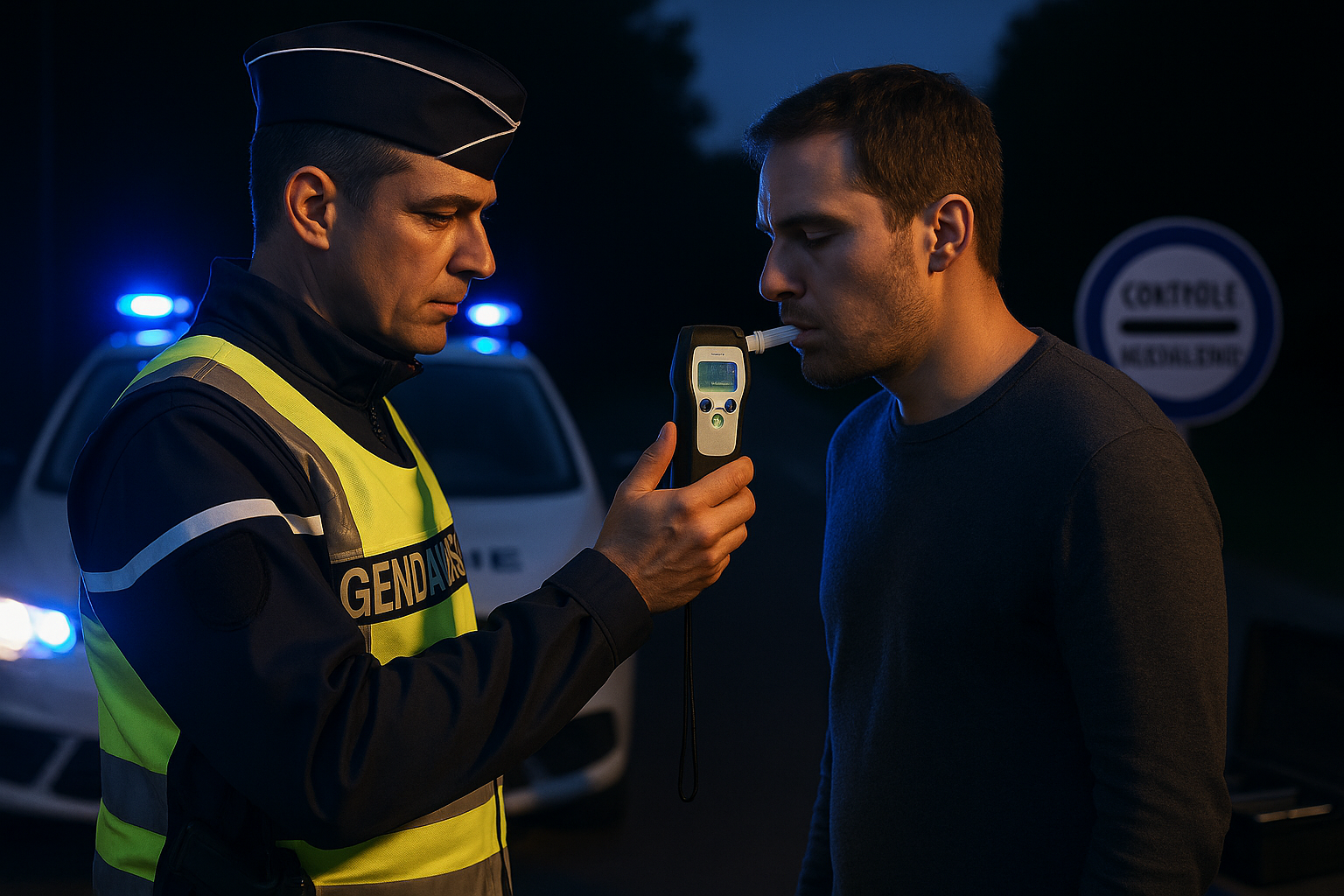 Gendarme effectuant un contrôle d’alcoolémie avec un éthylomètre homologué sur un conducteur lors d’un contrôle routier nocturne, gyrophare en arrière-plan.
