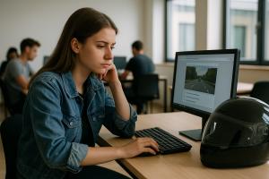 Jeune femme concentrée devant un ordinateur pendant l’épreuve théorique moto (ETM), casque posé sur la table dans un centre d’examen.