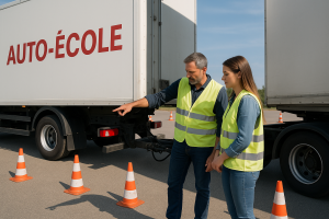 Un formateur d’auto-école montre à une jeune candidate les points d’attelage d’un camion-remorque sur un terrain de formation, tous deux portent des gilets réfléchissants et sont entourés de cônes de signalisation.