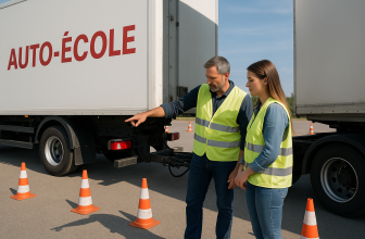 Un formateur d’auto-école montre à une jeune candidate les points d’attelage d’un camion-remorque sur un terrain de formation, tous deux portent des gilets réfléchissants et sont entourés de cônes de signalisation.