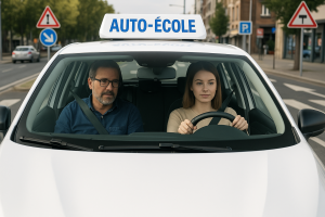 Jeune conductrice au volant d’une voiture d’auto-école en circulation urbaine, accompagnée de son moniteur assis à sa droite. Les panneaux de signalisation et les marquages au sol sont visibles à l’extérieur, illustrant une leçon de conduite réaliste en conditions de circulation.