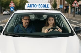 Jeune conductrice au volant d’une voiture d’auto-école en circulation urbaine, accompagnée de son moniteur assis à sa droite. Les panneaux de signalisation et les marquages au sol sont visibles à l’extérieur, illustrant une leçon de conduite réaliste en conditions de circulation.