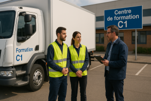 Deux candidats au permis C1 en gilet de sécurité reçoivent les consignes d’un formateur devant un camion de formation, sur le parking d’un centre spécialisé