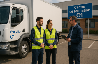 Deux candidats au permis C1 en gilet de sécurité reçoivent les consignes d’un formateur devant un camion de formation, sur le parking d’un centre spécialisé