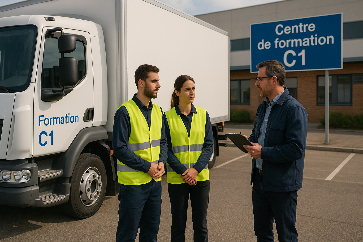 Deux candidats au permis C1 en gilet de sécurité reçoivent les consignes d’un formateur devant un camion de formation, sur le parking d’un centre spécialisé
