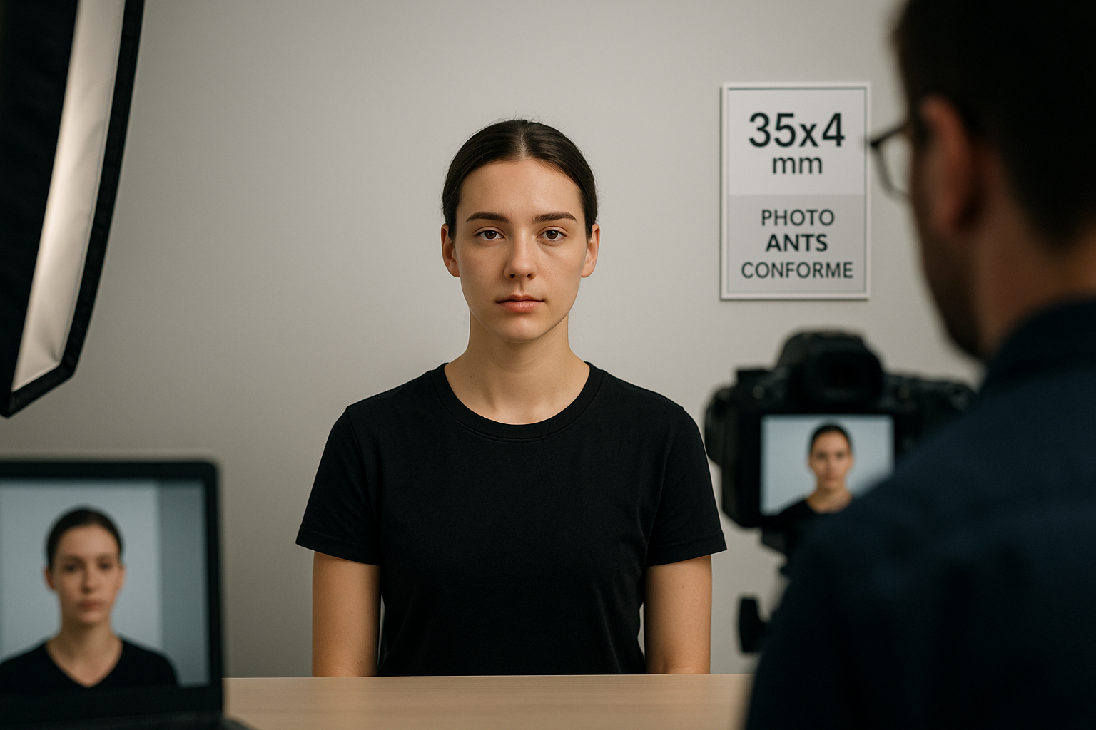 Jeune adulte en train de réaliser une photo d'identité conforme pour le permis de conduire dans un studio agréé ANTS, sur fond clair avec éclairage professionnel.