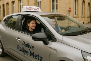 Une jeune élève conductrice apprend à conduire dans une voiture d’auto-école grise, accompagnée d’un moniteur souriant à ses côtés. La scène se déroule dans une rue calme, bordée de bâtiments en pierre blonde typiques de Metz. Le panneau "AUTO-ÉCOLE" est visible sur le toit du véhicule.