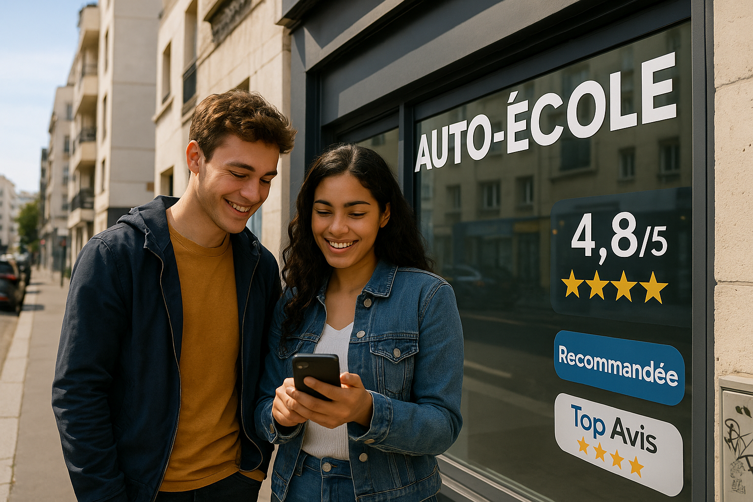 Deux jeunes adultes souriants, un homme et une femme, consultent un smartphone devant la vitrine d'une auto-école moderne à Saint-Denis. Sur la vitrine figurent des badges "4,8/5", "Recommandée" et "Top Avis", symbolisant les excellentes évaluations du centre. En arrière-plan, on distingue une rue urbaine avec immeubles contemporains et quelques graffitis.