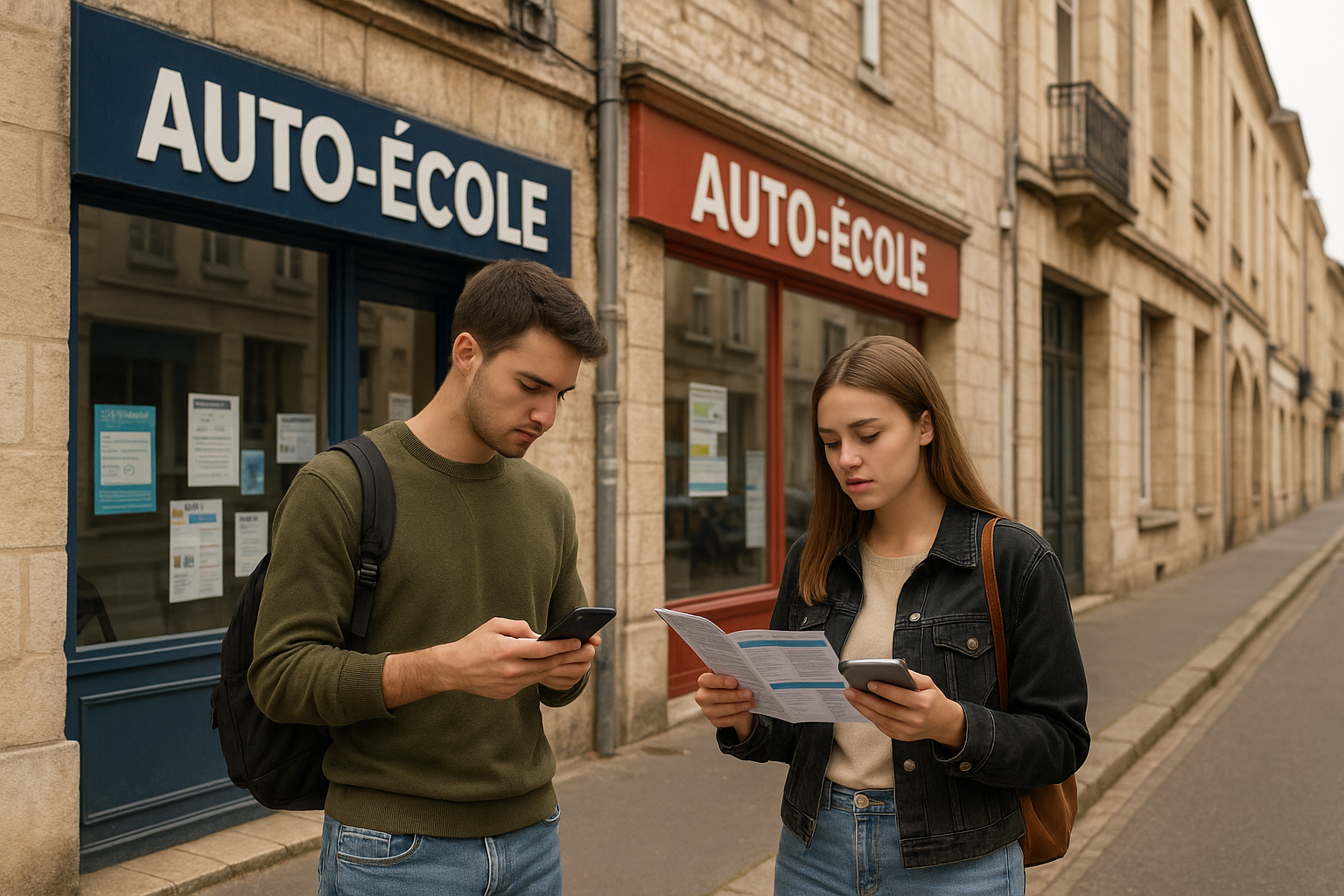 Deux jeunes adultes debout sur un trottoir à Soissons, comparant deux auto-écoles voisines. Le jeune homme consulte son smartphone devant une vitrine bleue marquée "AUTO-ÉCOLE", tandis que la jeune femme lit une brochure devant une vitrine rouge portant le même panneau. Scène urbaine typique d'une petite ville française.