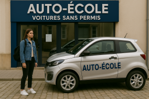 Jeune femme debout devant une auto-école spécialisée dans les voitures sans permis, avec un véhicule d’apprentissage compact stationné devant la façade portant l’inscription au AUTO-ÉCOLE VOITURES SANS PERMIS