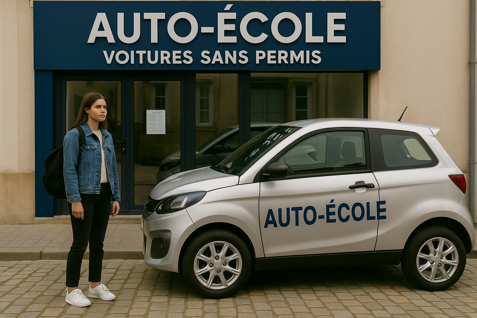 Jeune femme debout devant une auto-école spécialisée dans les voitures sans permis, avec un véhicule d’apprentissage compact stationné devant la façade portant l’inscription au AUTO-ÉCOLE VOITURES SANS PERMIS