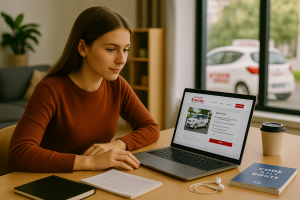 Jeune femme concentrée devant son ordinateur portable, suivant une leçon de Code de la route sur le site d’En Voiture Simone, avec une voiture d’apprentissage visible à l’extérieur par la fenêtre.