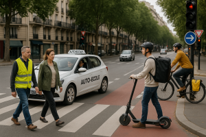 Scène réaliste à un carrefour urbain où différents usagers de la route cohabitent : une voiture d’auto-école est arrêtée à un feu rouge, deux piétons traversent sur un passage protégé, un cycliste et un utilisateur de trottinette électrique attendent sur une piste cyclable. Tous respectent la signalisation routière.