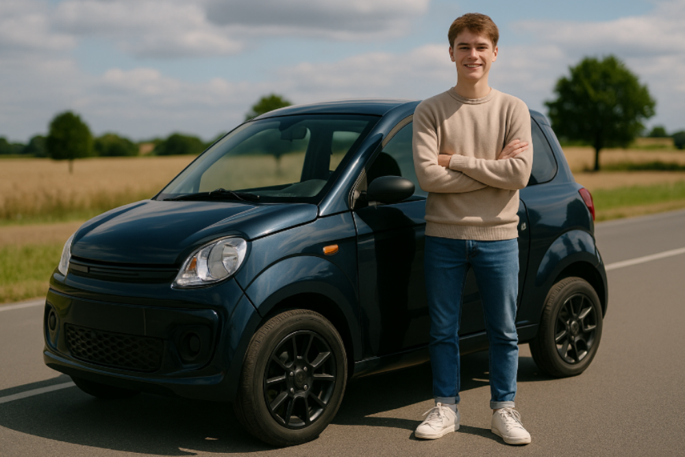 Jeune homme souriant, debout à côté d’une voiture sans permis moderne, stationnée en bord de route par une journée ensoleillée, en tenue décontractée.