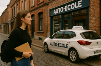 Jeune femme tenant un dossier, debout devant une auto-école dans une rue pavée de Roubaix, avec une voiture d’apprentissage garée devant l’établissement.