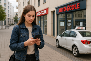 Jeune femme consultant son téléphone devant plusieurs vitrines d’auto-écoles à La Roche-sur-Yon, avec une voiture d’apprentissage garée à proximité