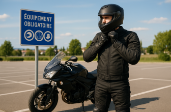 Motard en tenue complète de protection, ajustant son casque devant un panneau "Équipement obligatoire" sur un parking, avec sa moto garée à proximité.