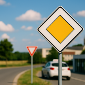 Vue rapprochée d’un panneau de priorité de route (losange jaune bordé de blanc), avec un panneau "cédez le passage" en arrière-plan et une voiture d’auto-école sur une route de campagne.