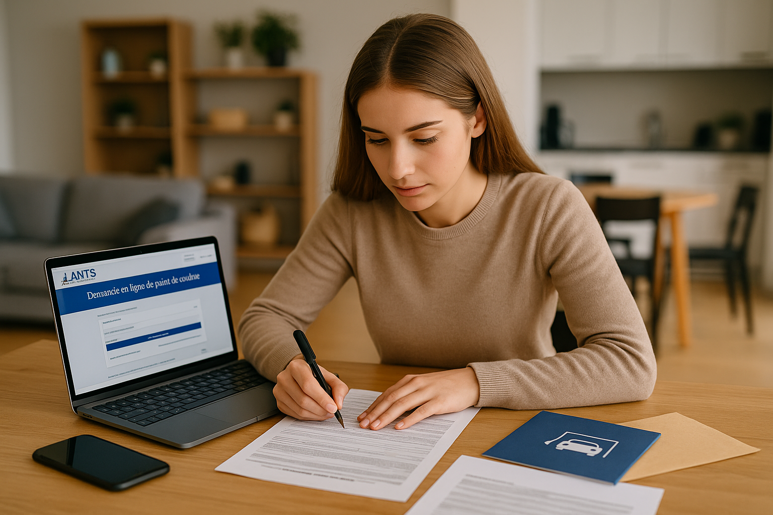 Jeune femme remplissant un formulaire administratif à domicile, avec un ordinateur affichant une page du site ANTS et un livret de conduite posé sur la table