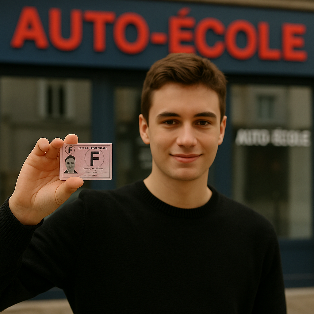 Jeune homme souriant, tenant fièrement son nouveau permis de conduire au format carte, devant la façade d’une auto-école moderne.