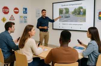 Un formateur d’auto-école montre une question projetée sur un écran interactif à quatre jeunes adultes en salle de code. Les élèves tiennent des boîtiers de réponse et regardent attentivement l’image d’un carrefour avec panneaux de priorité.