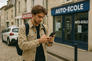 Jeune homme consultant son téléphone devant une auto-école en ville, avec des voitures d’apprentissage stationnées sur une rue pavée.
