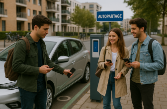 Trois jeunes conducteurs, souriants et décontractés, utilisent leur smartphone devant une voiture d’autopartage stationnée sur une place dédiée. L’un d’eux déverrouille le véhicule, pendant que les deux autres consultent une application mobile à côté d’une borne. En arrière-plan, on aperçoit des immeubles modernes et des vélos stationnés.