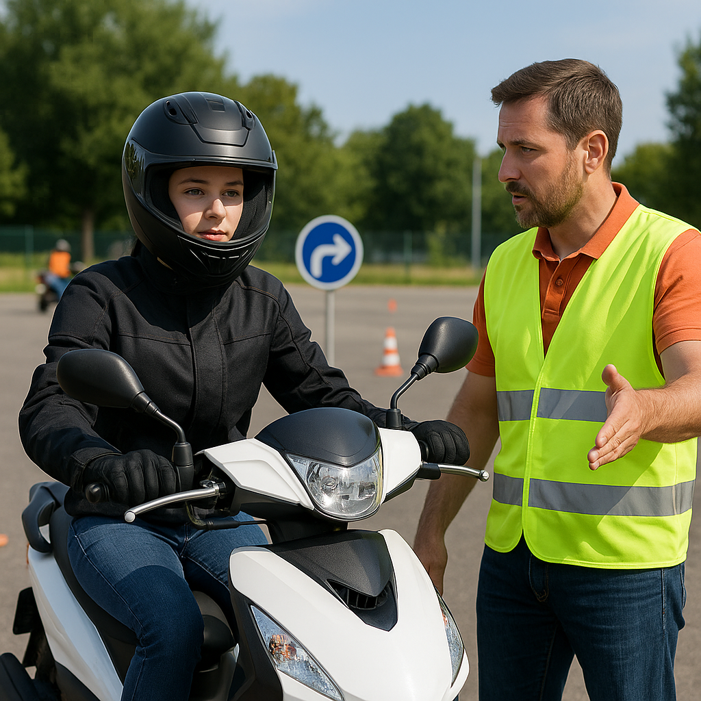 Un adolescent équipé d’un casque intégral et d’un blouson de protection est assis sur un scooter 50cc, recevant des instructions d’un formateur en gilet jaune fluorescent sur une piste d’apprentissage en plein air.