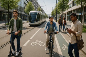 Un jeune homme roule en trottinette électrique sur une piste cyclable, une femme le suit à vélo électrique avec un casque. En arrière-plan, un tramway moderne circule au centre d’une rue bordée d’immeubles et d’arbres. Un homme marche sur la voie piétonne en consultant une application mobile. Un couple attend sur le trottoir. La scène illustre plusieurs alternatives écologiques à la voiture en ville.