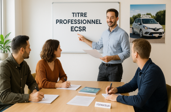 Un formateur souriant présente le “Titre Professionnel ECSR” sur un tableau blanc à trois adultes en formation dans une salle de classe. Les participants prennent des notes à table, entourés de documents pédagogiques sur le Code de la route.