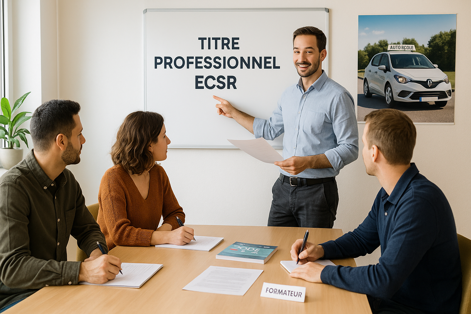 Un formateur souriant présente le “Titre Professionnel ECSR” sur un tableau blanc à trois adultes en formation dans une salle de classe. Les participants prennent des notes à table, entourés de documents pédagogiques sur le Code de la route.