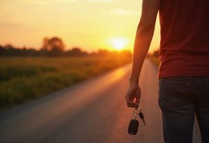 Clés de voiture à la main au coucher du soleil : liberté offerte par Lepermislibre, auto-école en ligne à tarif accessible
